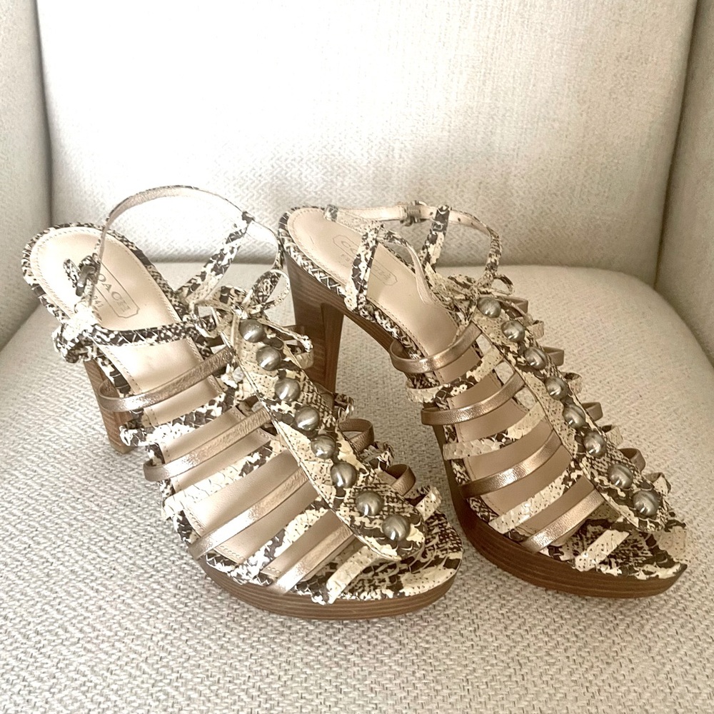 Coach metallic snakeskin strappy sandals with silver rivets